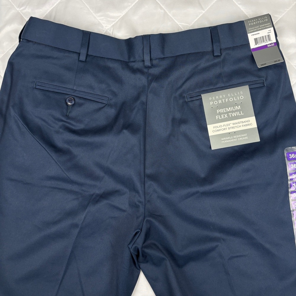 Perry Ellis Portfolio Dress Pants 36x32 Blue Flex Waist Flat‎ Front Stretch - Picture 3 of 11